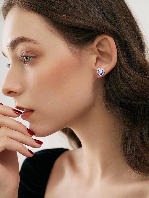 ChicSilver 925 Sterling Silver Birthstone Earrings for Women, 8MM/2 Carat Heart & Round Cubic Zirconia Stud Earrings, Hypoallergenic Jewelry, Ideal Birthday or Christmas Gifts