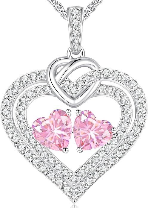 LOUISA SECRET Sparkling Double Heart Birthstone Necklaces for Women, 925 Sterling Silver Fine Jewelry, Pendant Heart Necklaces Birthday Anniversary Christmas Gift for Women Wife Mom Girlfriend Lady