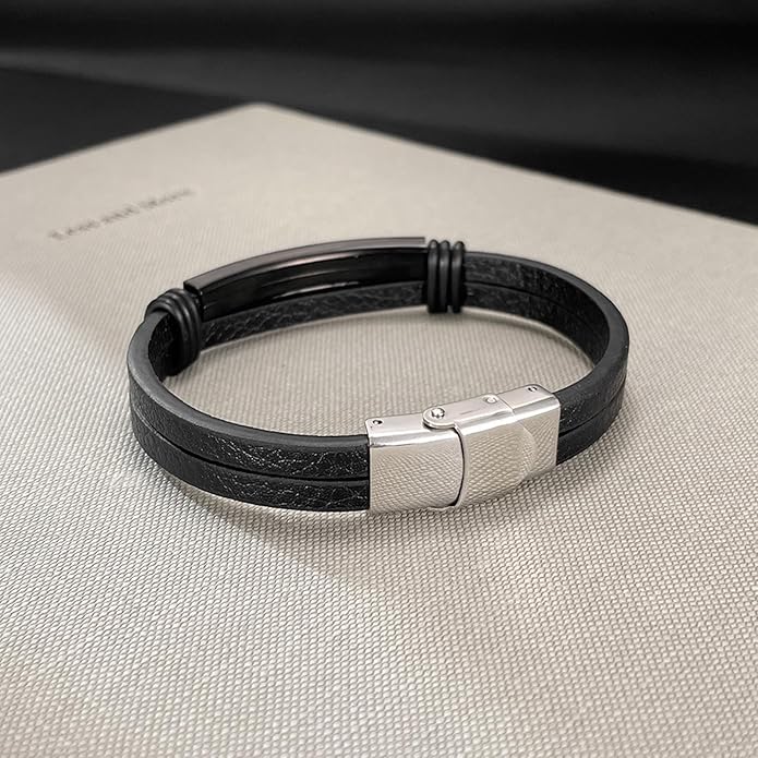 Italian Handmade Genuine Leather Bracelets for Men Stainless Steel Clip, Men's Casual Genuine Multi-layer Cuff Bracelet, Bracelet Gift for Real Men