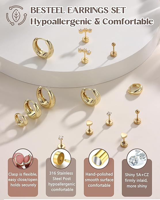 Hypoallergenic 14K Gold Plated Hoop Stud Earrings for Women Surgical Stainless Steel Flat Back Earrings Lightweight Small Chunky Huggie Hoops Cartilage Earring Stacks for Multiple Piercing Women Gifts