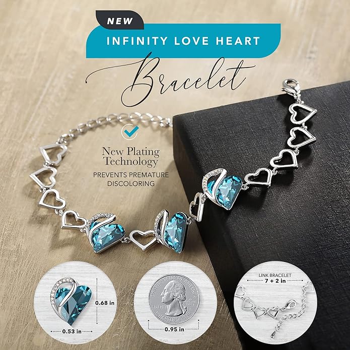 Leafael Infinity Love Heart Link Bracelets, Birthstone or Healing Stone Crystal Bracelet for Women, Silver Tone Jewelry Gifts for Her, 7-inch Chain and 2-inch Extender