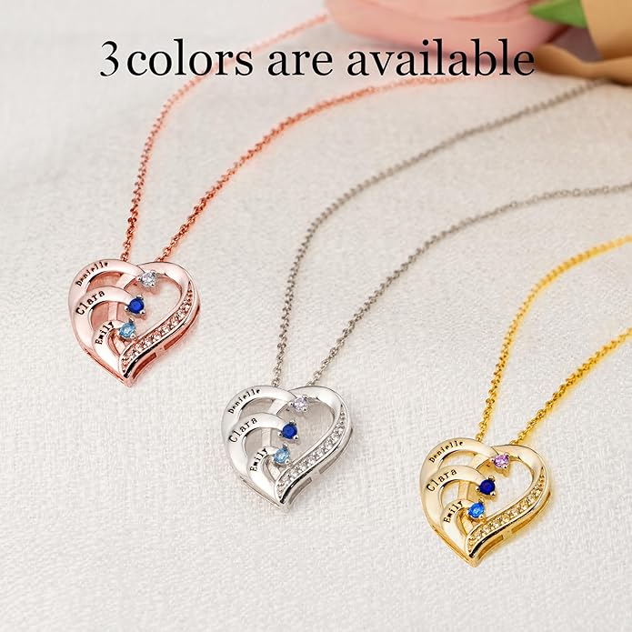 Easycosy Custom Name Necklace with Simulated Birthstones Customized Promise Necklace Heart Pendant with Engraved 2-6 Names - Anniversary Birthday Christmas Jewelry Gifts for Women Wife Mom Grandma