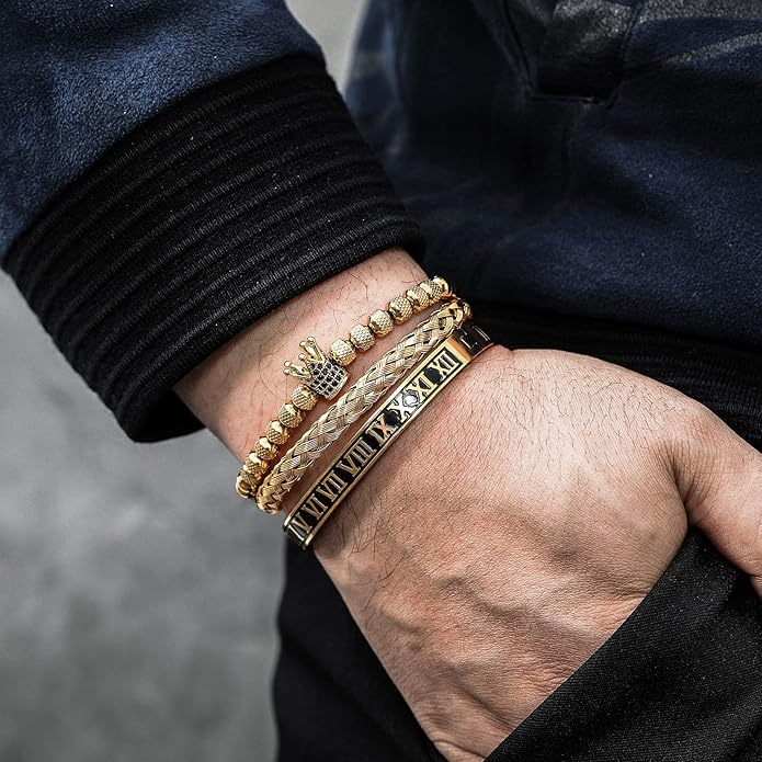 WFYOU 3PCS Stainless Steel Bracelets for Men Gold Roman Numeral Bangle Bracelet Twisted Cable Bracelet Adjustable Cuff Bracelet Mens Luxury Jewelry Bracelets Gifts