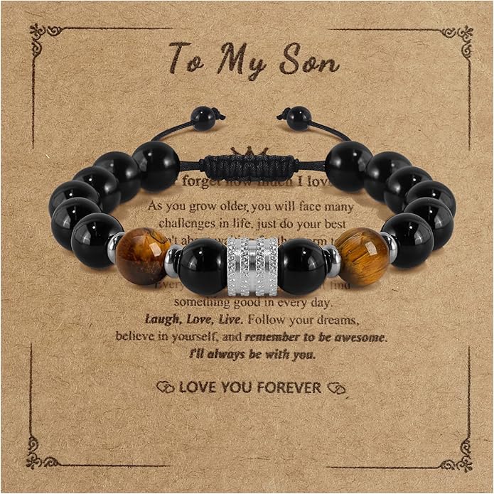 Hamoery Bracelets for Men Natural Tiger Eye Stone Beads Braided Rope Bracelet Gift for Dad Husband
