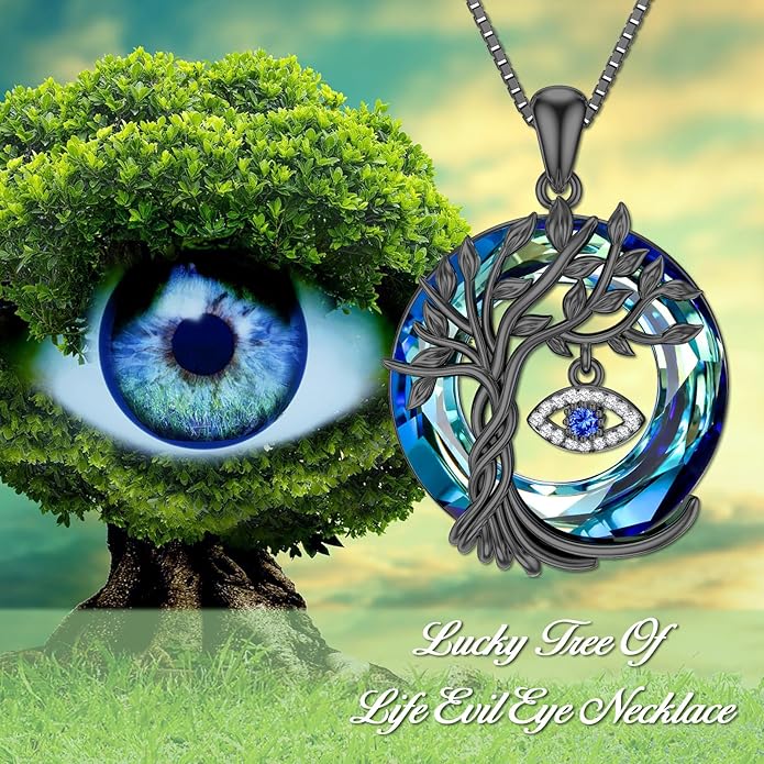 TOUPOP Evil Eye Necklace 925 Sterling Silver Tree of Life Circle Crystal Pendant Necklace Protection Jewelry Amulet Christmas Gifts for Women Her