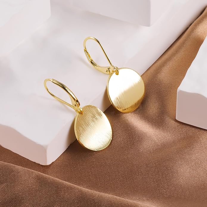 14K Gold Dangle Earrings for Women，Lightweight Circle Disc Coin Geometric Flat Brushed Drop Earrings, Hypoallergenic Leverback Earrings S925 Jewelry