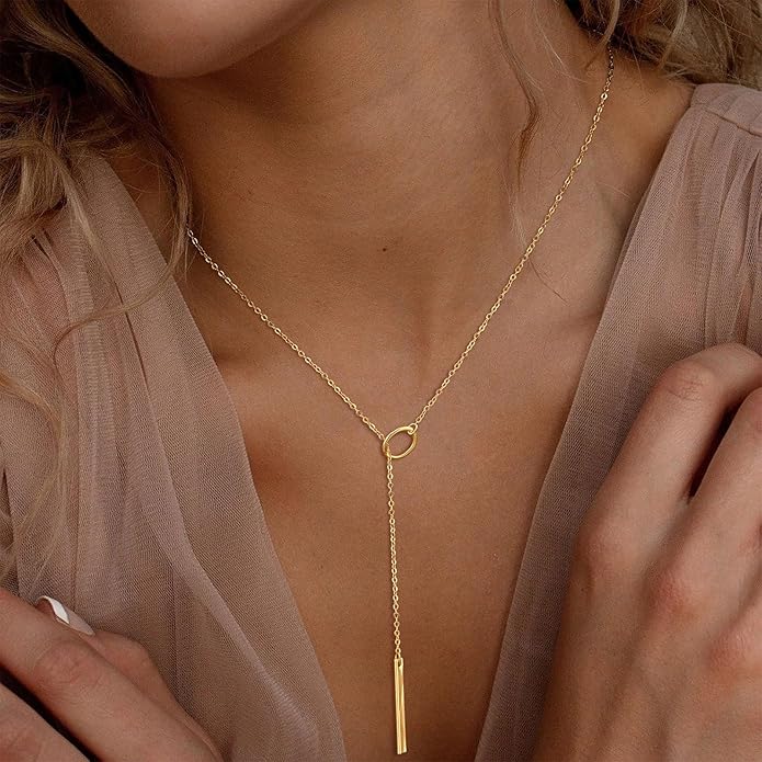 Lariat Necklace for Women, Dainty 14K Gold/Silver Plated Long Necklaces for Women Trendy Simple Layered Y-Shaped Drop Pendant Necklace Adjustable Gold Jewelry Gifts For Her Christmas Stocking Stuffer