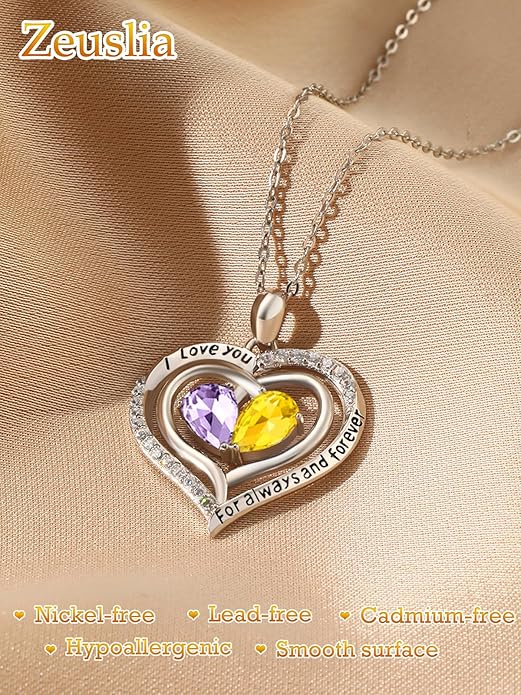 Zeuslia Double Birthstone Necklace Gifts for Wife - 925 Sterling Silver Sunflower/Rose/Crown Cross/Compass/Heart Pendant I Love You Necklace, Anniversary Birthday Gifts for Wife Girlfriend Mom Her