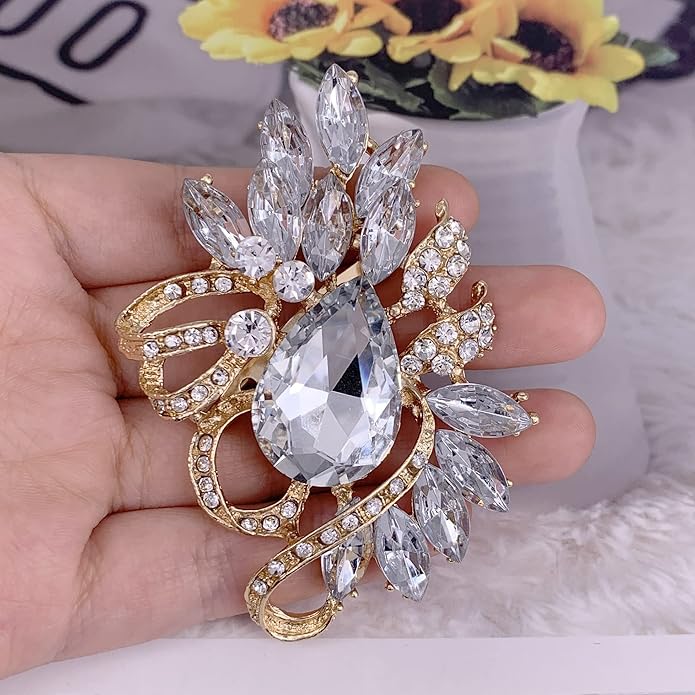 SELOVO Leaf Rhinestone Statement Brooch Pin Dress Jewelry Accessory