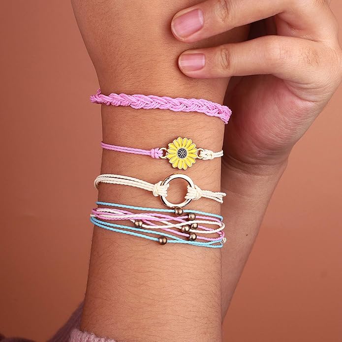 FANCY SHINY Sunflower String Bracelet Boho Braided Rope Wrap Bracelets Cute Summer Beach Surfer Jewelry for Women