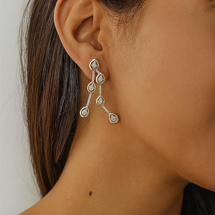 Gold Plated Drop Earrings with Teardrop CZ Stones – Elegant Sparkling Statement Earrings for Women.EAR0029