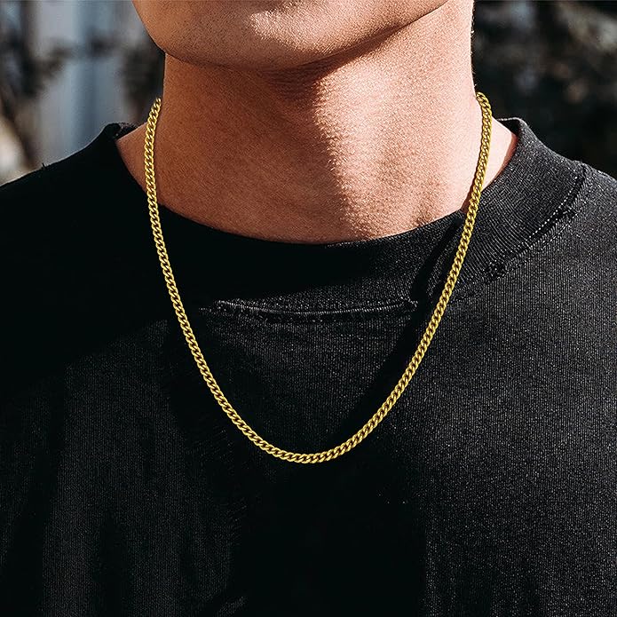 sovesi 3.5/5mm Cuban Link Chain Necklace for Men, Silver Tone/Black/14K Gold Plated Stainless Steel Necklace Chain, Mens Chain 16-28 Inch Jewelry Gift