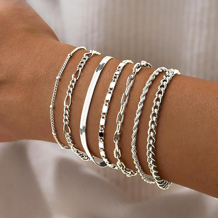 7PCS 14K Gold Plated Bracelets Sets for Women，Dainty Fashion Layered Cuban Link Chain Herringbone Paperclip Chain Bracelets Stack，Trendy Simple Stackable Gold Silver Bracelets Jewelry Gifts