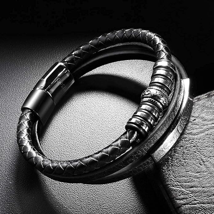 Mens Leather Bracelet Stainless Steel Leather Braided Bracelet Black Gift Men's Jewelry Cuff Bracelet Wrist Accessories