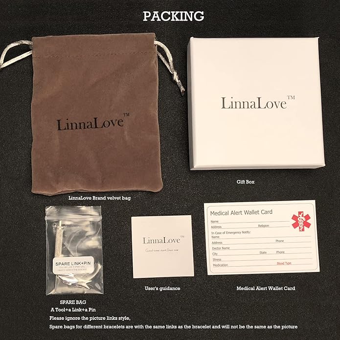 LinnaLove Fashion Shiny medical alert bracelet with Free Engraving Stainless steel Medical id bracelet for Women