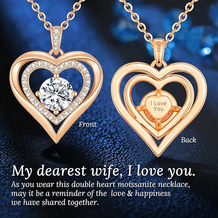 Moissanite Heart Pendant Necklaces for Women, 925 Sterling Silver Necklace Engraved with 'I LOVE YOU', Ideal Anniversary Birthday Christmas Valentine Mothers Day Jewelry Gifts for Mom Wife Girlfriend Daughter Her