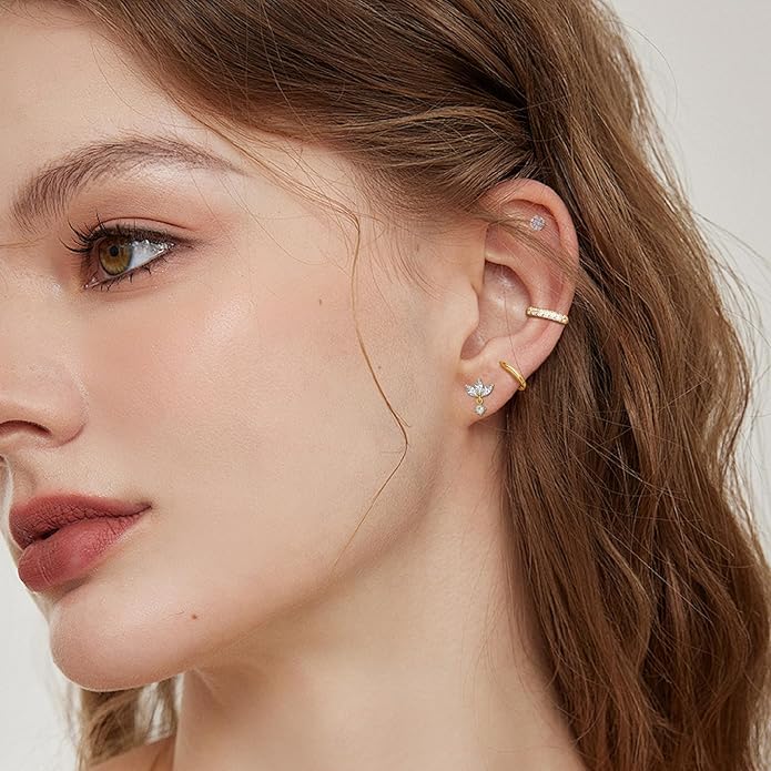 Gold Hoop Earrings for Women - 4 Pairs 14K Gold Plated Dainty Huggie Stacks Set for Multiple Piercing, Hypoallergenic Cartilage Earrings CZ Trendy Fashion Jewelry