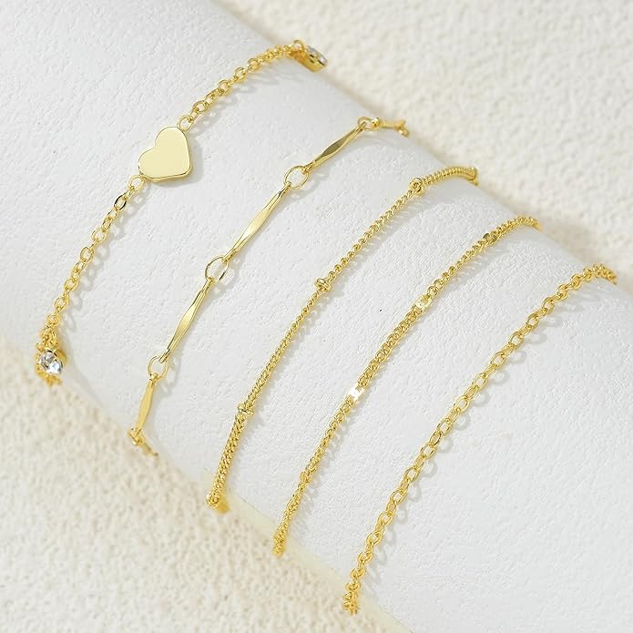 iF YOU Gold Ankle Bracelets for Women, 14k Gold Plated Waterproof Cuban Link Chain Anklets Set, Layered Anklet Bracelets for Women Beach Gift Adjustable Size 5pc