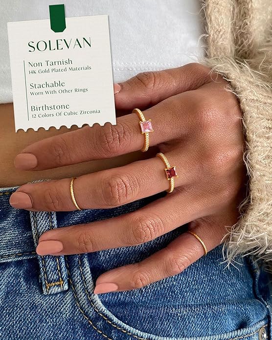 SOLEVAN Birthstone Gold Rings for Women Non Tarnish 14K Gold Plated Stackable Cubic Zirconia Thumb Rings Dainty Cute Emerald Eternity Band Pinky Ring Engagement Wedding Promise Rings Jewelry Gifts