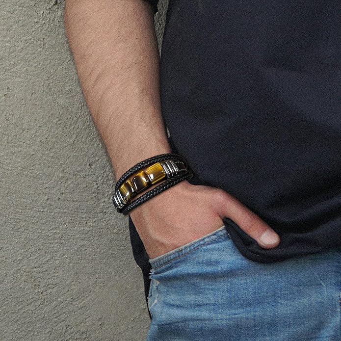 STARCHENIE Multi Strand Bracelet for Men Square Authentic Tiger Eye Black Braided Leather Mens Bracelet and Stainless Steel Buckle