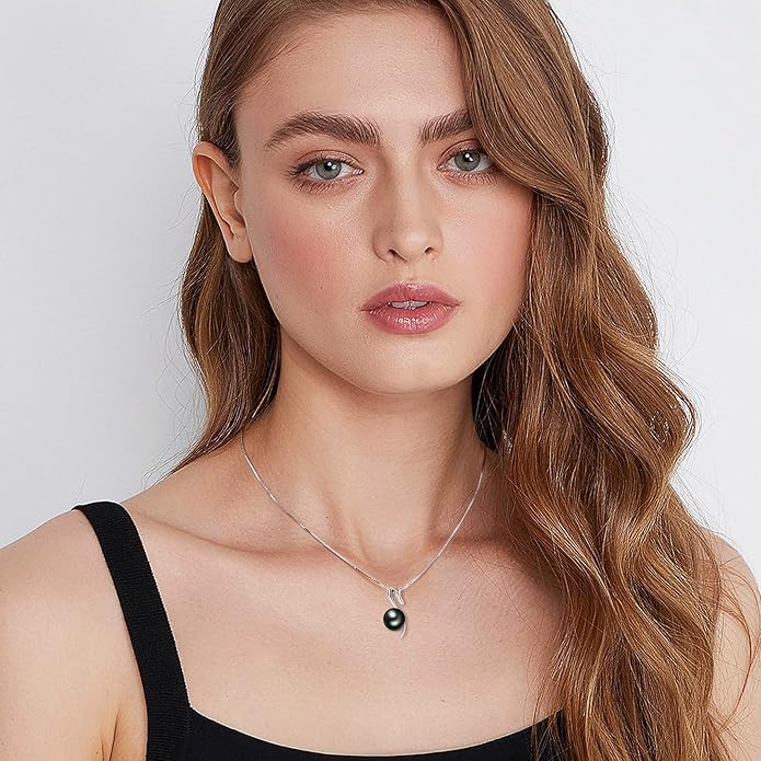 Tahitian Black Pearl Necklaces for Women, Sterling Silver Single Pearl Pendant Necklace Birthday Anniversary Jewelry Gifts for Wife Mom