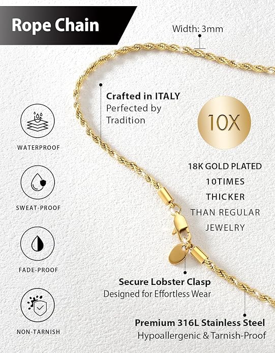 KRKC&CO Rope Chain Necklace for Men, Packaging with Gift Box & Card on Birthday from Mom Dad, 18K / White Gold Plated Chains, Hypoallergenic 316L Stainless Steel, Durable Men Jewelry, 3mm 16-26in