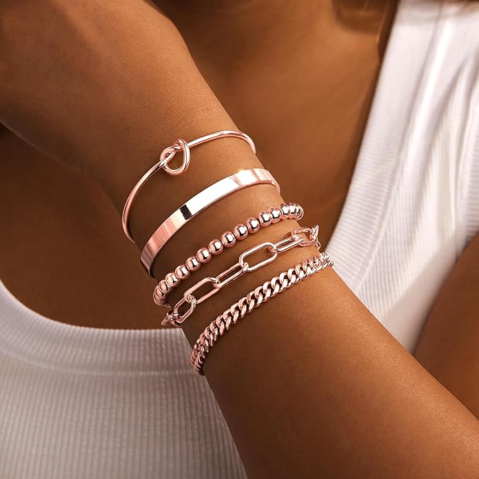 Gold Bracelets for Women Non Tarnish, 14K Gold Plated Chunky Cuff Bracelet Gold Bangles Bracelet for Women Trendy Tie Knot Cuban Rope Paperclip Beaded Bracelet Stack Jewelry Gifts