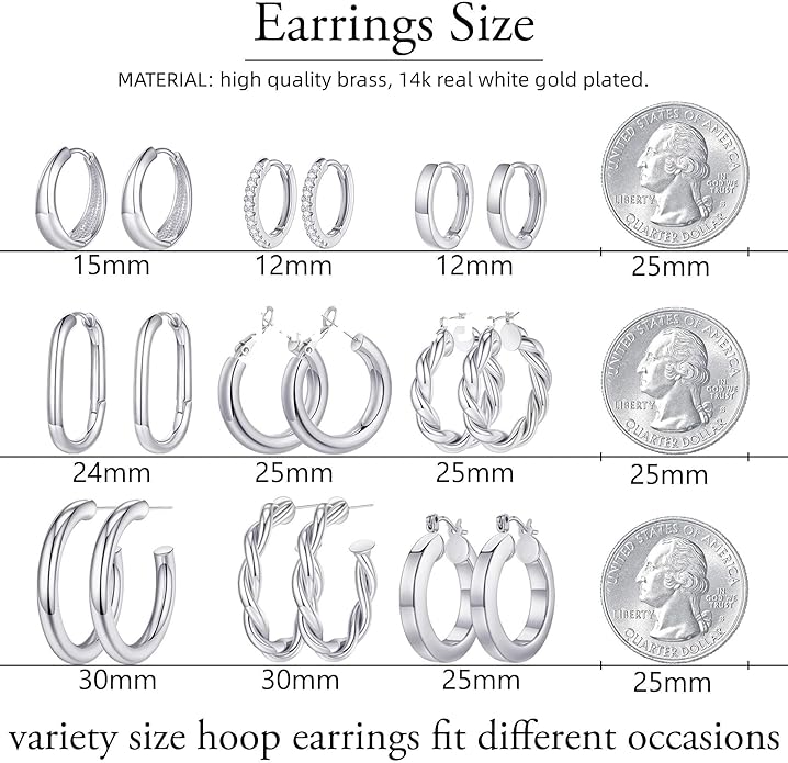 Yesteel 9 Pairs Gold Hoop Earrings for Women, 925 Sterling Silver Post 14K Real Gold Plated Chunky Hoop Earrings Set for Women Hypoallergenic Thick Lightweight Earring for Womens Jewelry Gifts