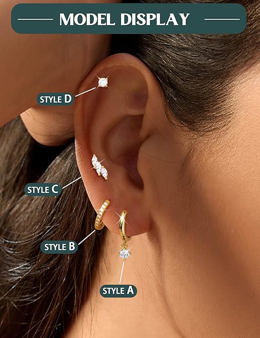 Florideco 925 Sterling Silver Earrings for Women Trendy Hypoallergenic Small Gold Hoop Earrings 14K Gold Plated Stud Earring Sets for Multiple Piercing CZ Ear Cuff Cartilage Earring Stacks