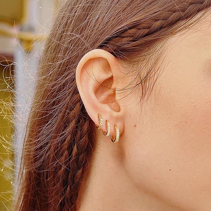 micuco 3 Pairs Small Hoop Earrings Tiny Cartilage Earrings for Women Cubic Zirconia Earrings Huggie Hoop Ear Piercing Earrings for Men 8mm 10mm 12mm