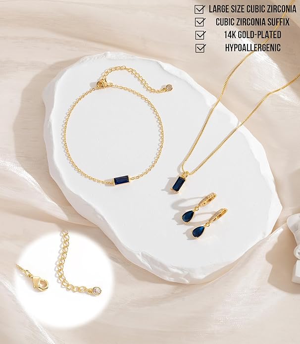 Birthstone 14K Gold Plated Bracelets Earrings Necklaces Jewelry Set， Blue Green May Cubic Zirconia，Friendship Bracelets Jewelry Gifts for Mom Best Friend Birthday