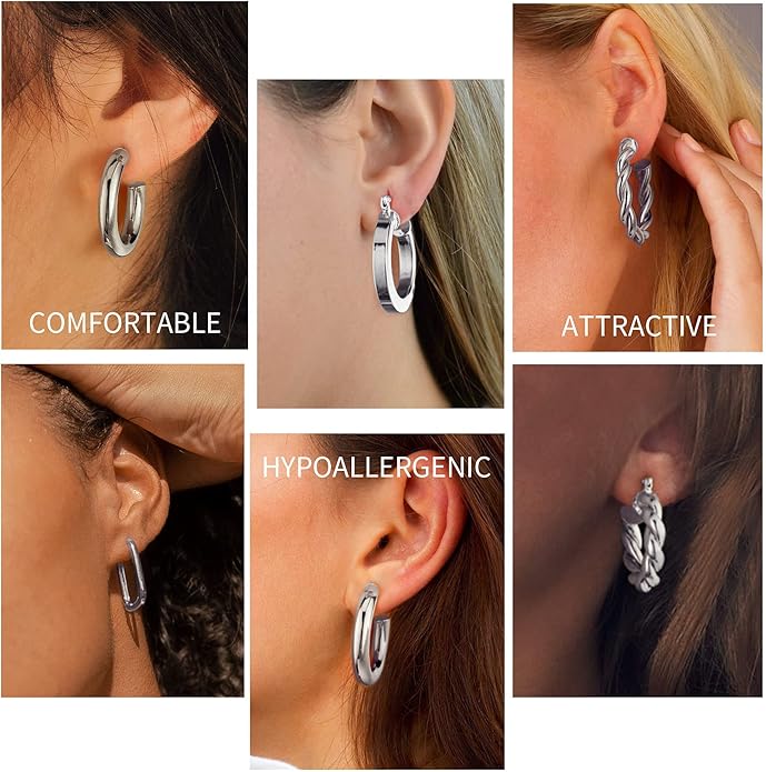 Yesteel 9 Pairs Gold Hoop Earrings for Women, 925 Sterling Silver Post 14K Real Gold Plated Chunky Hoop Earrings Set for Women Hypoallergenic Thick Lightweight Earring for Womens Jewelry Gifts