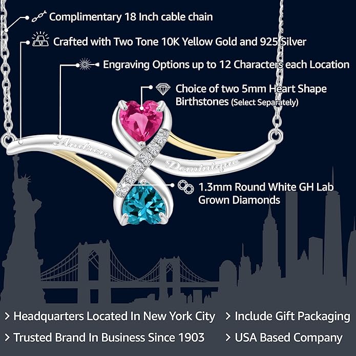 925 Sterling Silver and 10K Yellow Gold Customized and Personalized Name Engraved 2-Stone Heart Shape Gemstone Birthstone and Lab Grown Diamond Mothers Pendant Necklace For Women with 18 Inch Chain