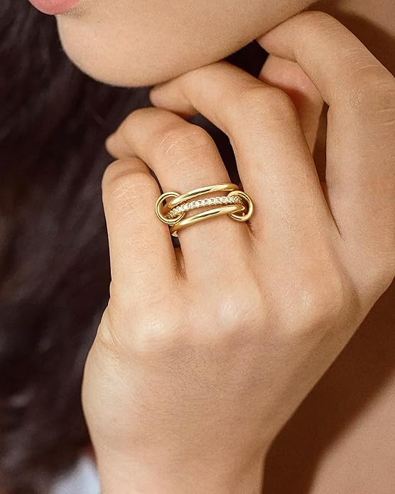 Gold Stackable Rings for Women, Non Tarnish 14K Gold Plated Cubic Zirconia Mixed Metals Stacking Connected Rings Set Jewelry Gifts