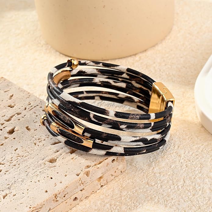 ENGCKSHI Wrapped Bracelets for Women,Leather Bracelet,Boho Bracelets for Women,Multi-Layer Pearl Crystal Bracelet Bangle Jewelry