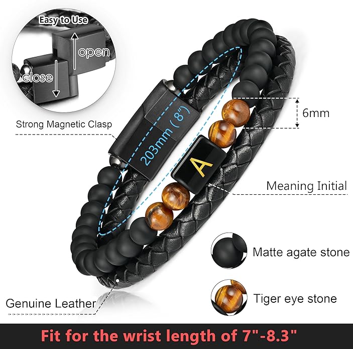 LUXEJEW Gifts for Men - Mens Bracelet, Beaded Leather Initial Bracelet 6mm Matte Agate Stone Handmade Bracelets Adjustable Stainless Steel Magnetic Clasp Mens Jewelry Gifts