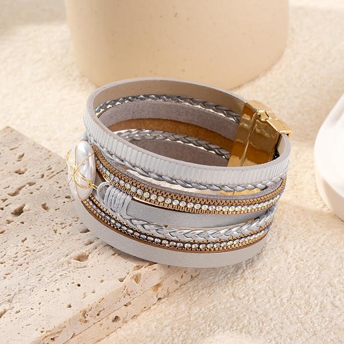ENGCKSHI Wrapped Bracelets for Women,Leather Bracelet,Boho Bracelets for Women,Multi-Layer Pearl Crystal Bracelet Bangle Jewelry