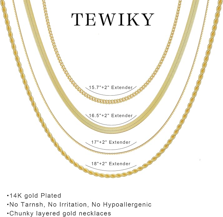 Tewiky Layered Necklaces for Women Non Tarnish- Chunky 14k Gold Plated Herringbone/Snake/Rope/Box/Cuban Link Chain for Women Waterproof Layering Stack Choker Necklace Trendy Dainty Tarnish Free Jewelry Set