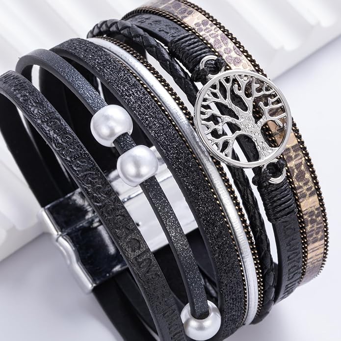 FANCY SHINY Tree of Life Leather Wrap Bracelet Inspirational Cuff Bangles Boho Pearl Bracelets with Magnetic Clasp Unique Jewelry Gifts for Women