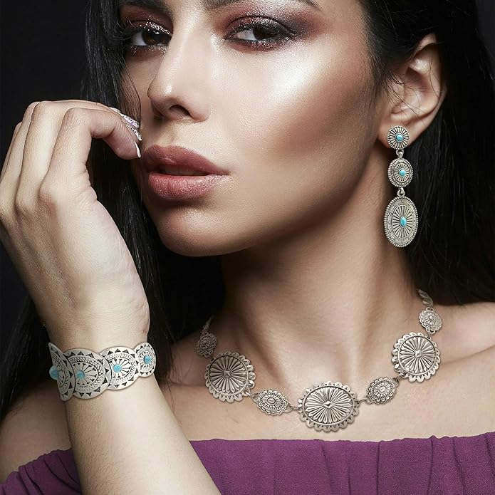 3 Pcs Western Concho Costume Jewelry Set for Women Western Dangle Earrings Boho Choker Necklace Bohemian Cuff Bracelet Cowboy Chic Country Concert Outfits for Women Christmas Jewelry Gift