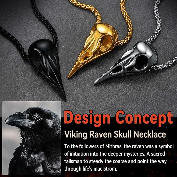 FaithHeart Viking Raven Necklace for Men, Norse Mythology Raven Skull Pendant Sturdy Stainless Steel Amulet Jewelry Gift for Men