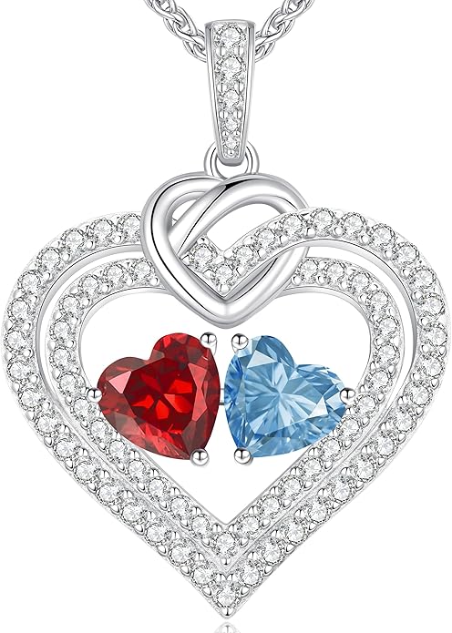 LOUISA SECRET Sparkling Double Heart Birthstone Necklaces for Women, 925 Sterling Silver Fine Jewelry, Pendant Heart Necklaces Birthday Anniversary Christmas Gift for Women Wife Mom Girlfriend Lady