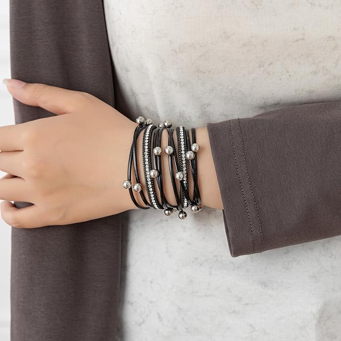 Rantanto Braid Leather Wrap Bracelet Trendy Stackable Crystal Cuff Boho Gold Heart Bracelet Jewelry Gift For Women