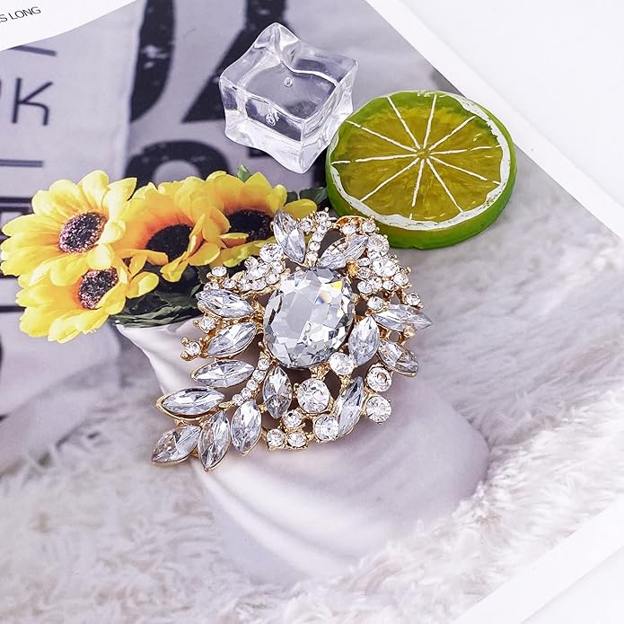 LAXPICOL Vintage Sparkly Austrian Crystal Flower Leaf Bouquet Clusters Big Large Brooch Pin for Women Gold Tone