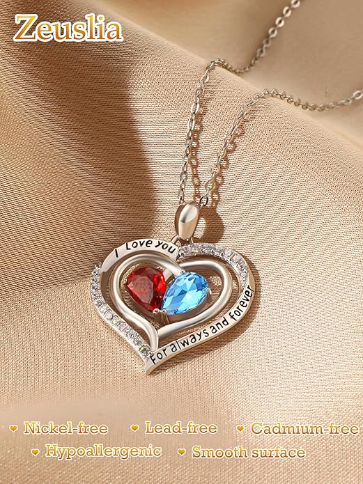 Zeuslia Double Birthstone Necklace Gifts for Wife - 925 Sterling Silver Sunflower/Rose/Crown Cross/Compass/Heart Pendant I Love You Necklace, Anniversary Birthday Gifts for Wife Girlfriend Mom Her