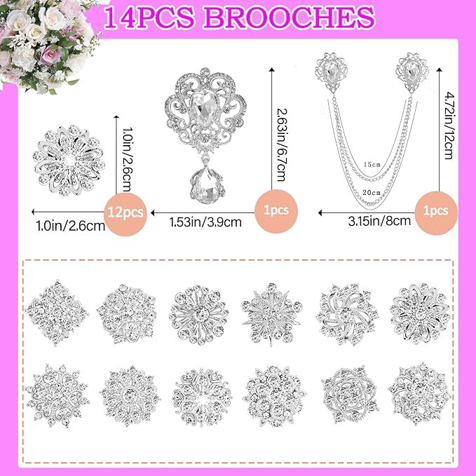 Yhsheen Silver Rhinestone Brooches Pin Kits Crystal Pearl Brooches for Bouquets for Wedding Decoration Accessories Jewelry Making Crafts(Sliver-14PCS)-B