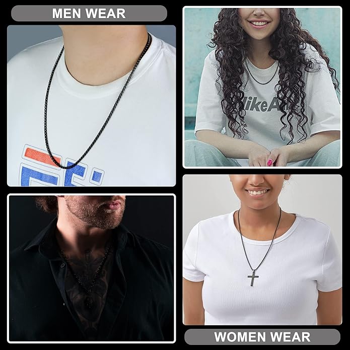 Bowisheet Black Square Rolo Chain Stainless Steel Round Box Chain Necklace Men Women