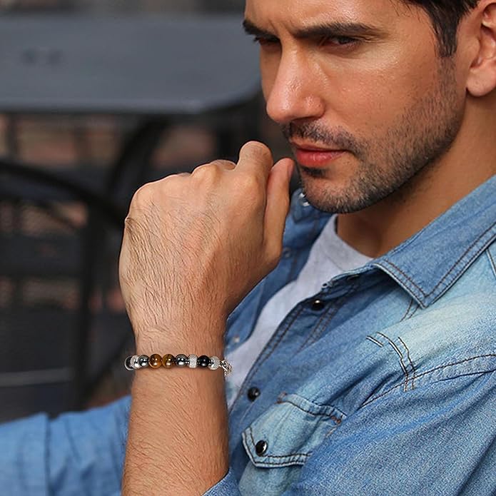RANKEEF Mens Bead Bracelet Set - Adjustable Elastic Rope With 6&8MM Natural Stone Multi-Colored Beads - Tiger Eye Bracelets for Men - Gift