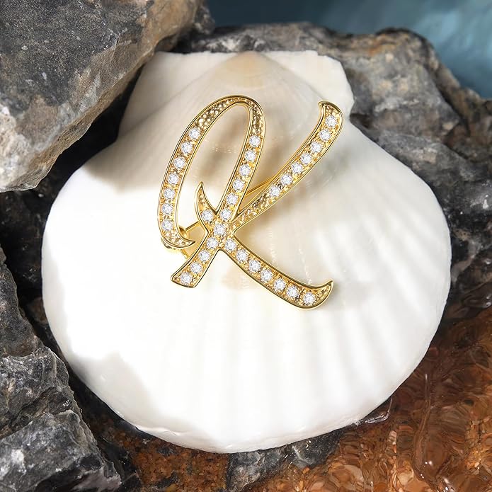 Cicy Bell A-Z Initial 26 Letter Brooch Pins 18k Gold Plated Cubic Zirconia Breastpin Name Personalized Gifts for Women Men