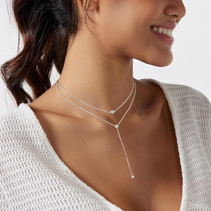 Lariat Gold Necklace for Women, Dainty Long Necklace 14k Gold Plated/Silver Y-Shaped Layered Beaded Chain Drop Necklaces for Women Trendy Simple Gold Jewelry for Women Gifts